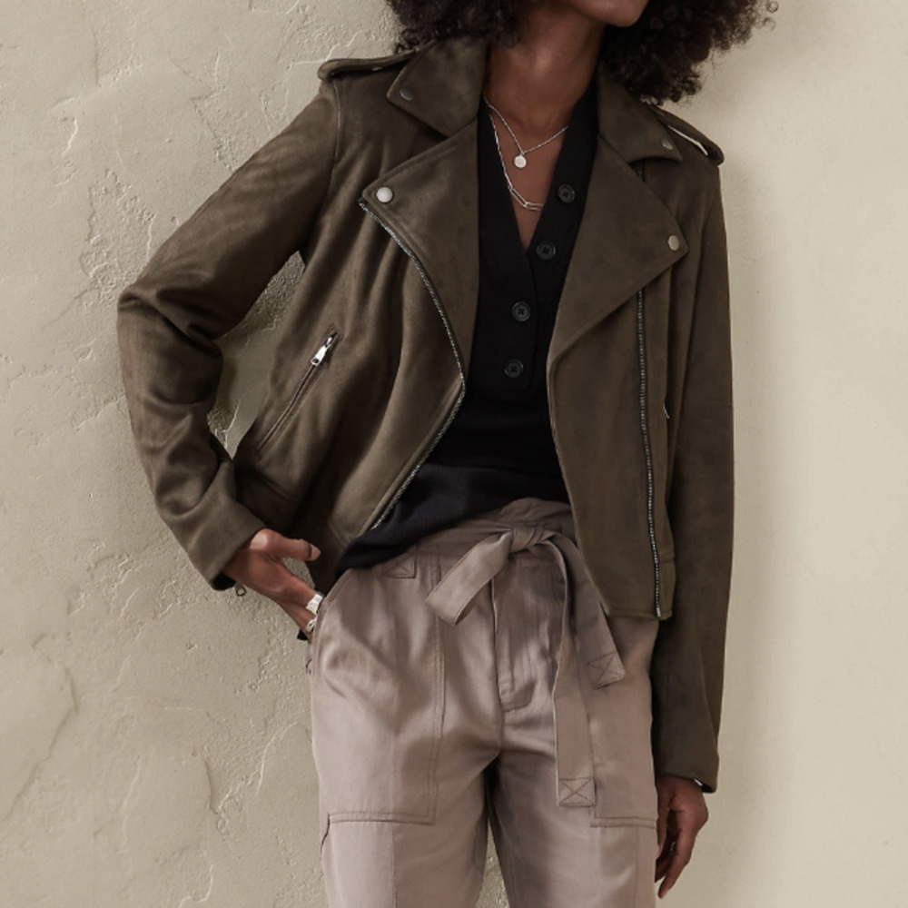 Banana Republic Faux Suede Moto Jacket in Brown/Green, Size S​